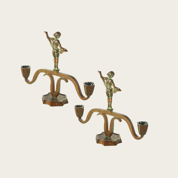 Pair of 1930s Swedish Art Deco Patinated Bronze Statuesque Candleholders