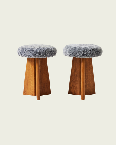 Pair of 1950s Danish Solid Oak and Sheepskin Stools