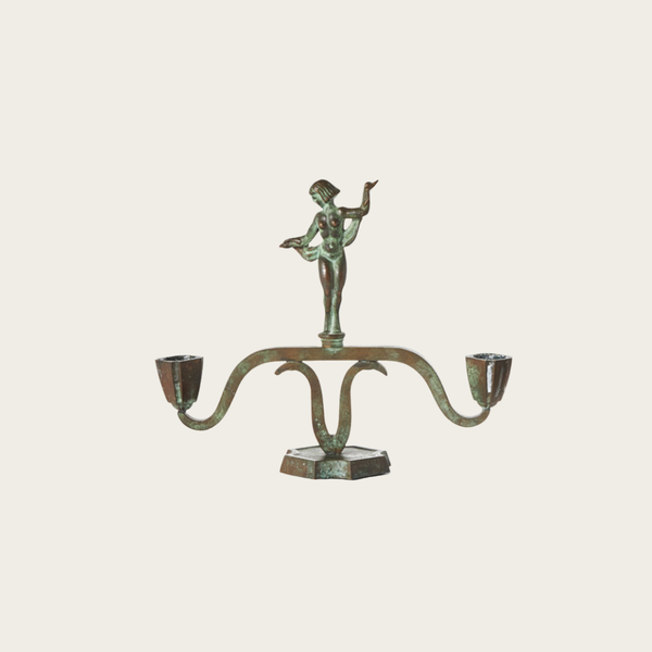 Pair of 1930s Swedish Art Deco Patinated Bronze Statuesque Candleholders