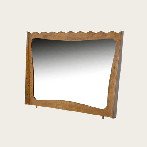 1950s Italian Olive Burlwood Rectangular Mirror with Scalloped Edge