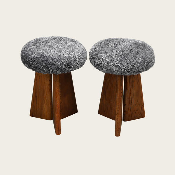 Pair of 1950s Danish Solid Oak and Sheepskin Stools