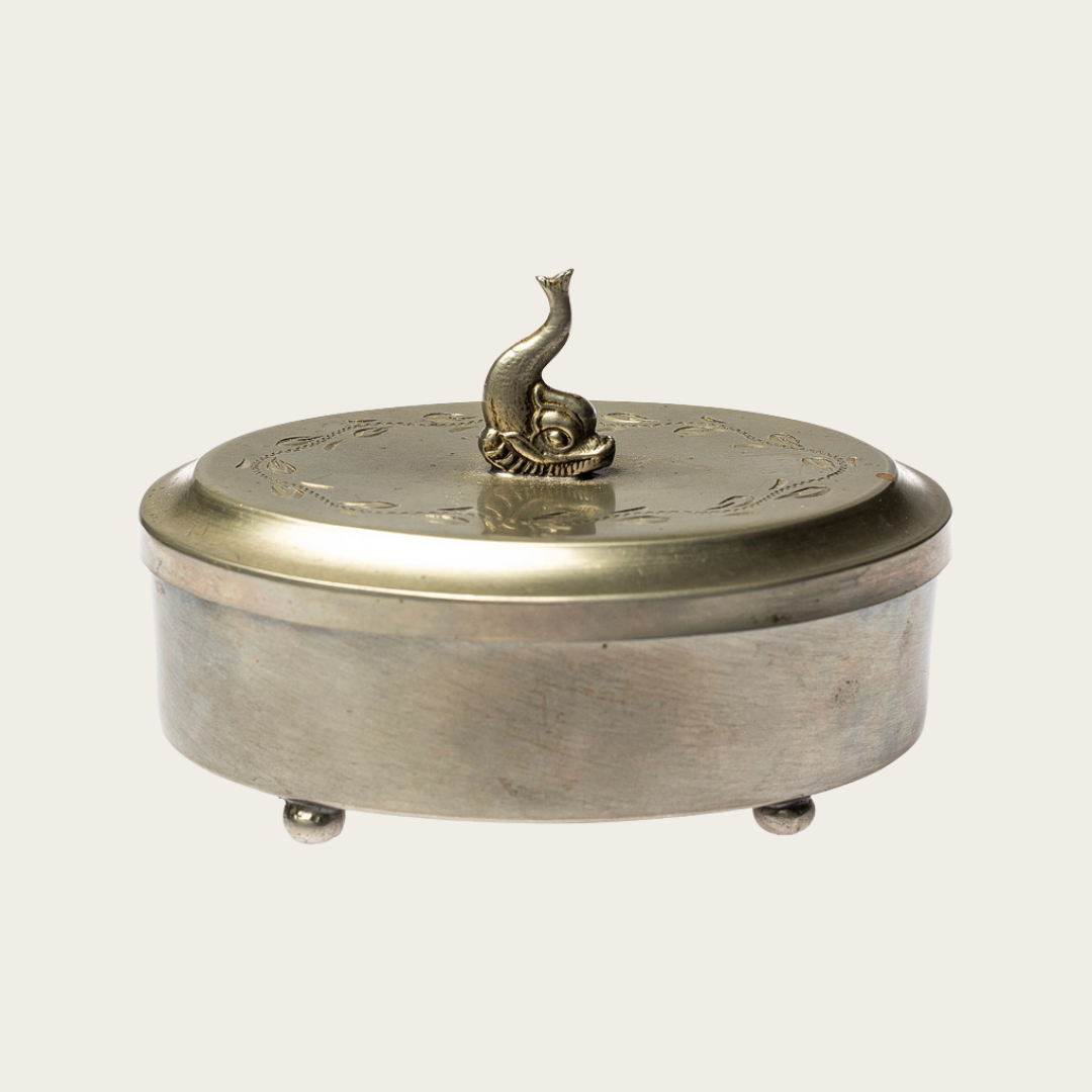 Pewter Lidded Box with Dolphin Lid Pull, Sweden 1930's