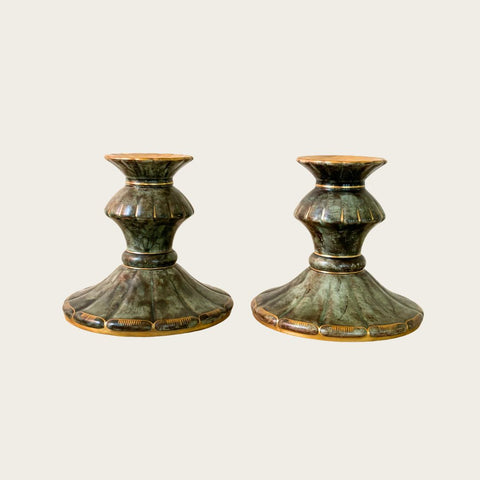 Pair of Swedish Grace Gilded and Glazed Earthenware Candlesticks by Josef Ekberg for Gustavsberg