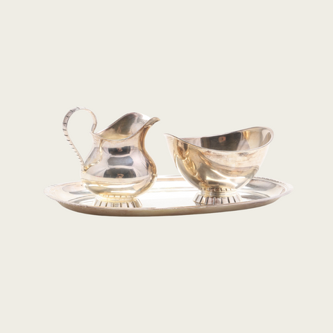 1930s Art Deco Nickel Silver Three Piece Sugar Bowl, Milk Pourer and Tray