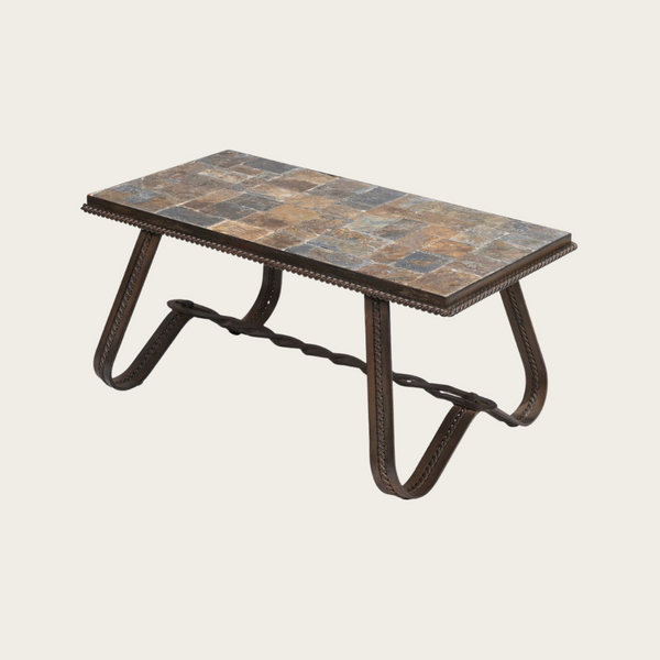1970s Brutalist French Ferronnerie & Slate Slate Mosaic Coffee Table