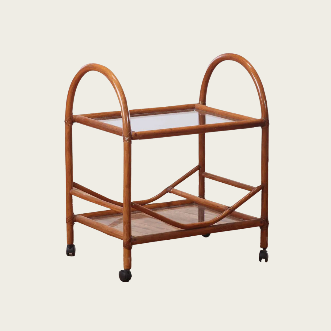 1970's Bentwood Glass & Leather Bar Cart