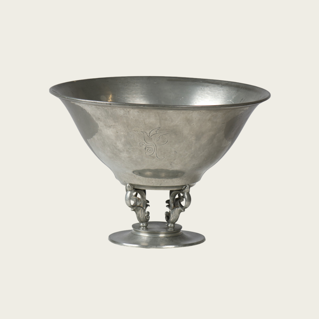 1930s Art Deco Footed Pewter Fruit/Centerpiece Bowl with Sculptural Flowers, No 907 by Just Andersen