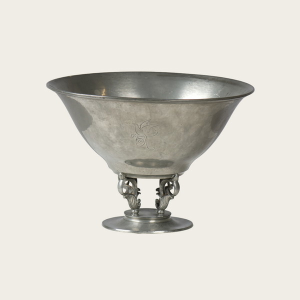 1930s Art Deco Footed Pewter Fruit/Centerpiece Bowl with Sculptural Flowers, No 907 by Just Andersen