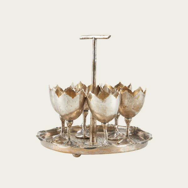 Set of Six Silver Plated Brass Egg Cups and Tray