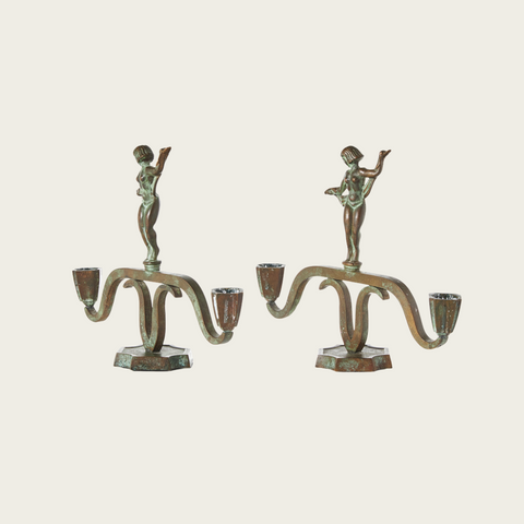 Pair of 1930s Swedish Art Deco Patinated Bronze Statuesque Candleholders