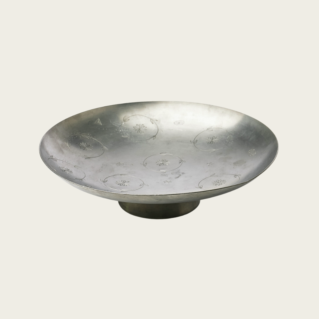 1932 Polished Pewter Footed Dish Engraved with Garlands and Stars by Svenskt Tenn