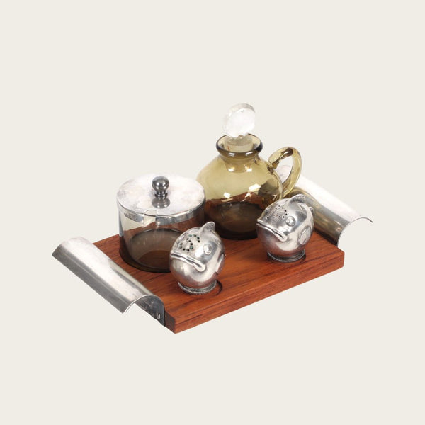 Nickel Silver and Teak Condiment Set and Tray by GAB Sweden