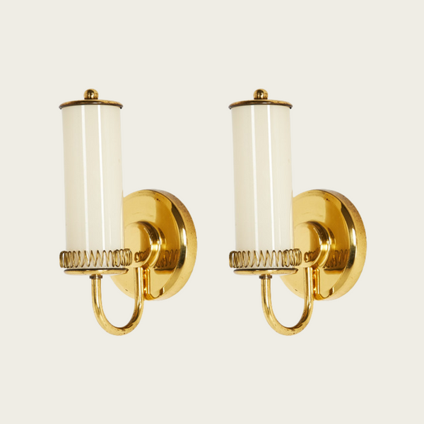 1940s Pair of Swedish Brass and Milk Glass Wall Sconces