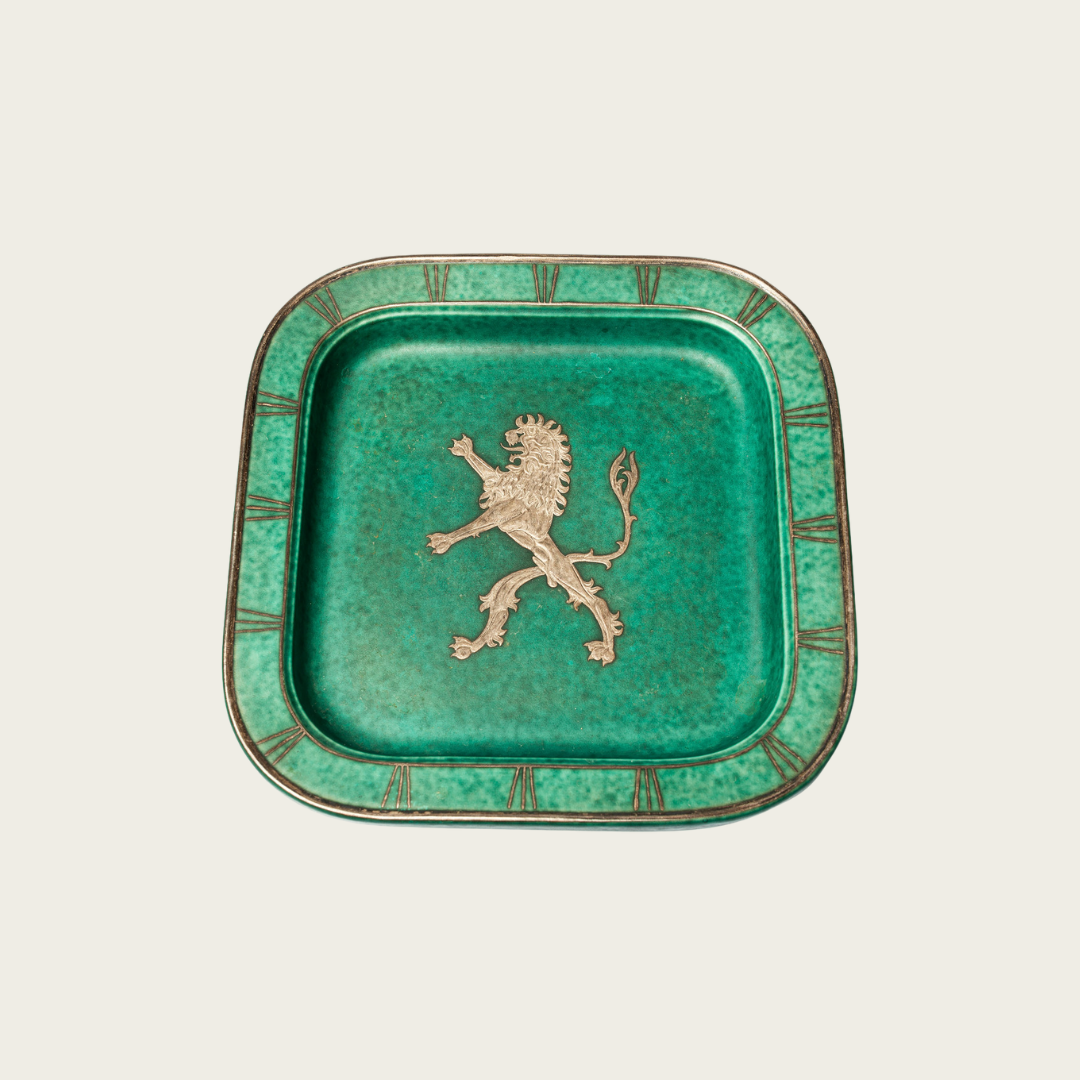 Footed Dish by Wilhelm Kåge with Silver Leaf Lion in Center