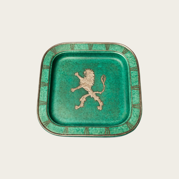 Footed Dish by Wilhelm Kåge with Silver Leaf Lion in Center