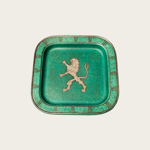 Footed Dish by Wilhelm Kåge with Silver Leaf Lion in Center