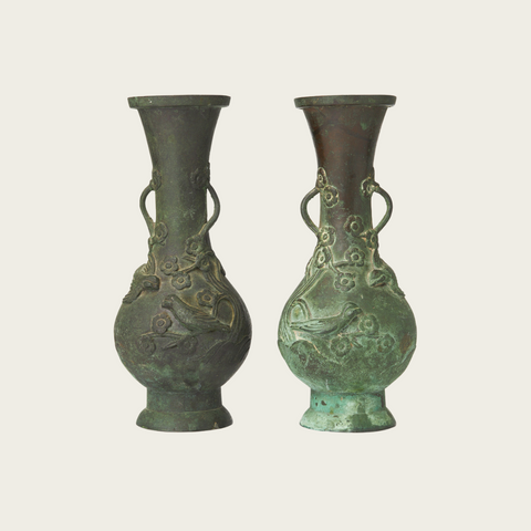 Patinated Bronze Japanese Ikebana Vase with Floral and Bird Relief