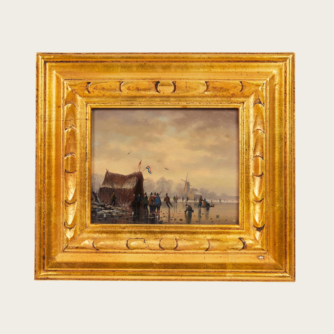 Early 1900's Oil Painting of Netherlands Winter Landscape Attributed to Salomon van Ruysdael