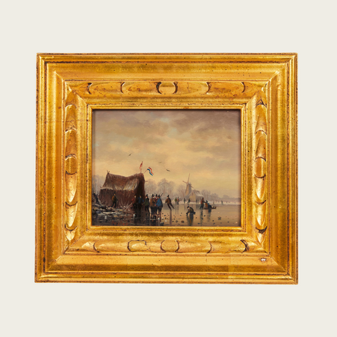 Early 1900's Oil Painting of Netherlands Winter Landscape Attributed to Salomon van Ruysdael