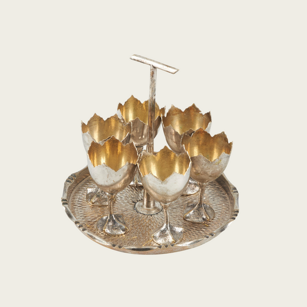 Set of Six Silver Plated Brass Egg Cups and Tray