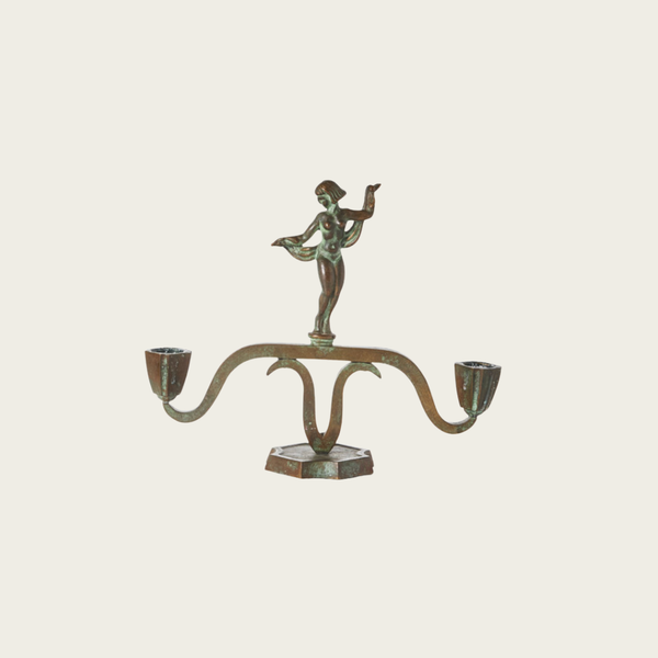 Pair of 1930s Swedish Art Deco Patinated Bronze Statuesque Candleholders