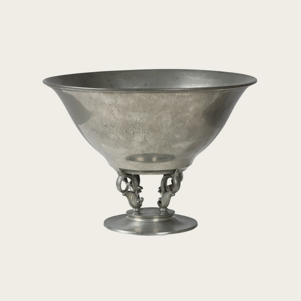 1930s Art Deco Footed Pewter Fruit/Centerpiece Bowl with Sculptural Flowers, No 907 by Just Andersen
