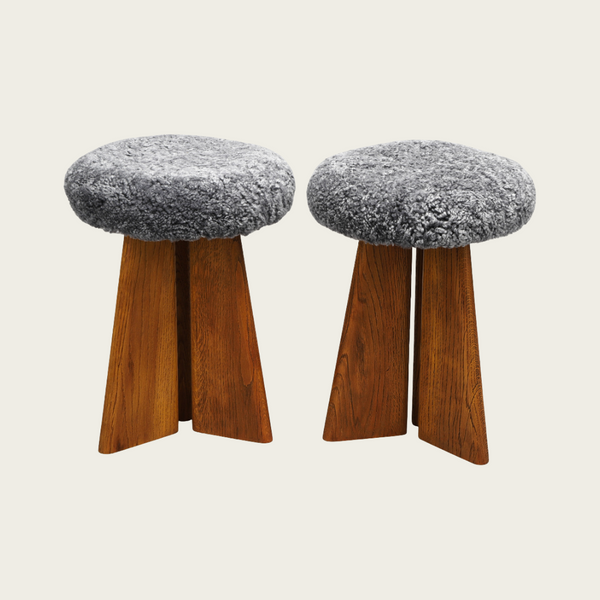 Pair of 1950s Danish Solid Oak and Sheepskin Stools
