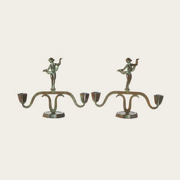 Pair of 1930s Swedish Art Deco Patinated Bronze Statuesque Candleholders
