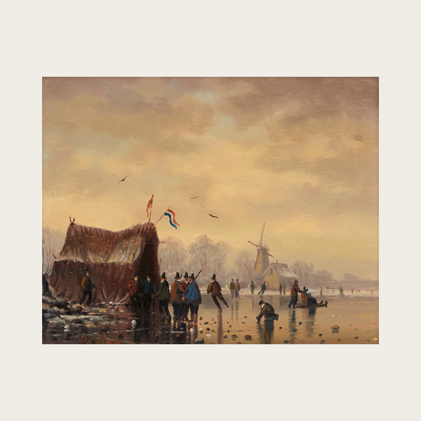 Early 1900's Oil Painting of Netherlands Winter Landscape Attributed to Salomon van Ruysdael