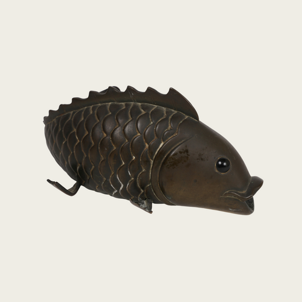 1950s Sculpture of Solid Bronze Carp with Glass Eyes