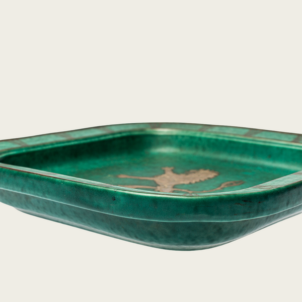 Footed Dish by Wilhelm Kåge with Silver Leaf Lion in Center