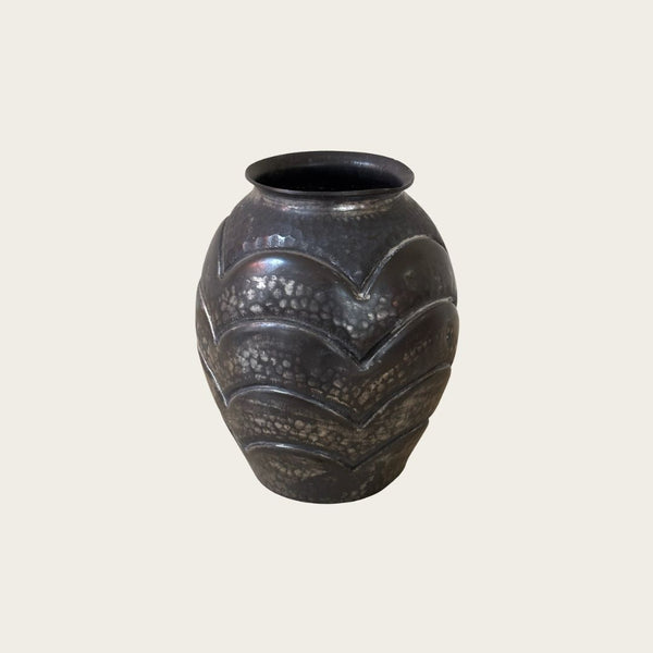 1940s Hammered Aluminum Vase by Rene Delevan with Patina