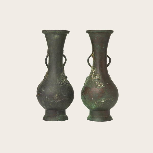 Patinated Bronze Japanese Ikebana Vase with Floral and Bird Relief