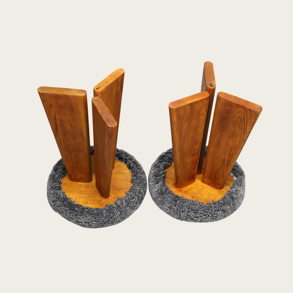 Pair of 1950s Danish Solid Oak and Sheepskin Stools
