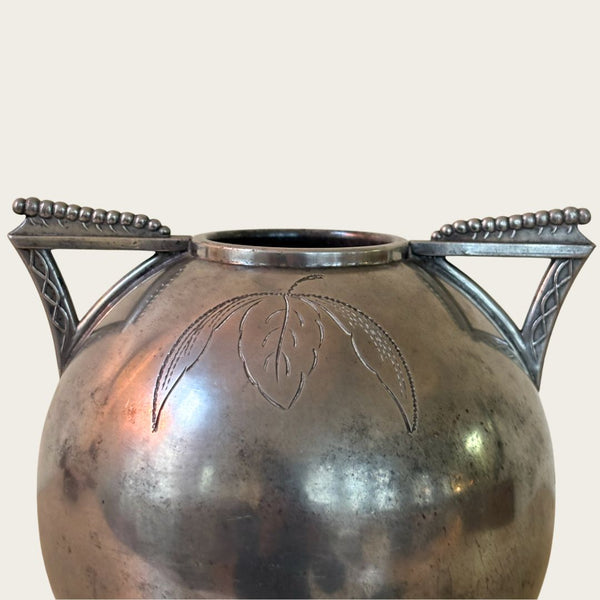 1920s Polished Pewter Globe Vase by Svenskt Tenn with Beaded Handle Details