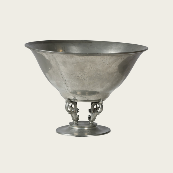 1930s Art Deco Footed Pewter Fruit/Centerpiece Bowl with Sculptural Flowers, No 907 by Just Andersen