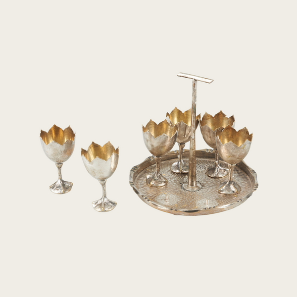 Set of Six Silver Plated Brass Egg Cups and Tray