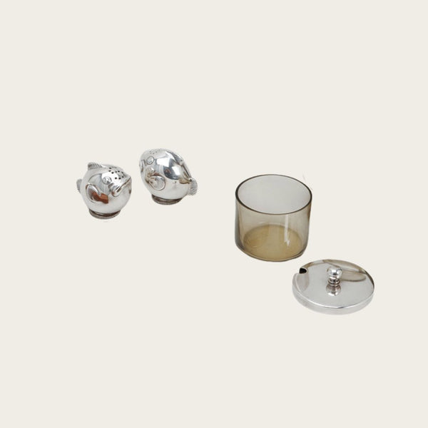 Nickel Silver and Teak Condiment Set and Tray by GAB Sweden