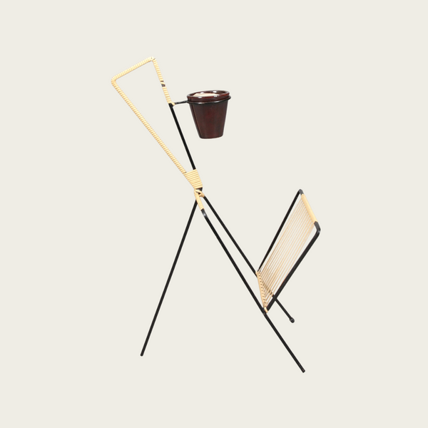 1950s Swedish Wrought Iron and Rattan Magazine Rack with Ceramic Ashtray