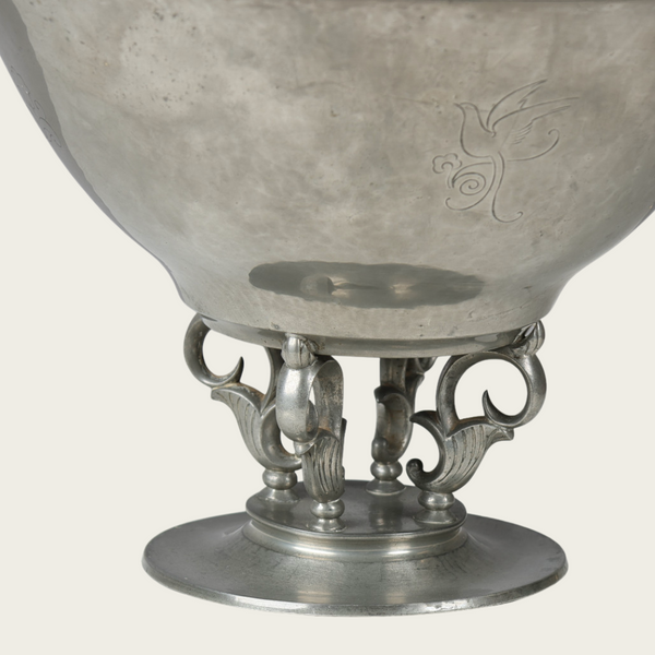 1930s Art Deco Footed Pewter Fruit/Centerpiece Bowl with Sculptural Flowers, No 907 by Just Andersen