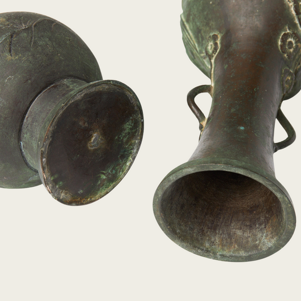 Patinated Bronze Japanese Ikebana Vase with Floral and Bird Relief