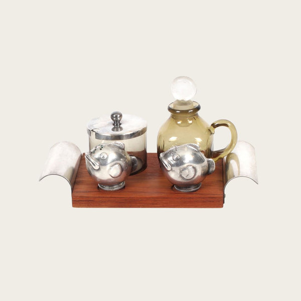Nickel Silver and Teak Condiment Set and Tray by GAB Sweden