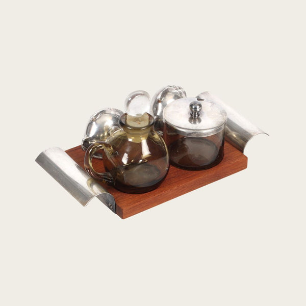 Nickel Silver and Teak Condiment Set and Tray by GAB Sweden
