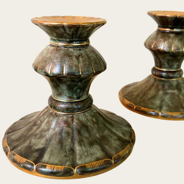 Pair of Swedish Grace Gilded and Glazed Earthenware Candlesticks by Josef Ekberg for Gustavsberg