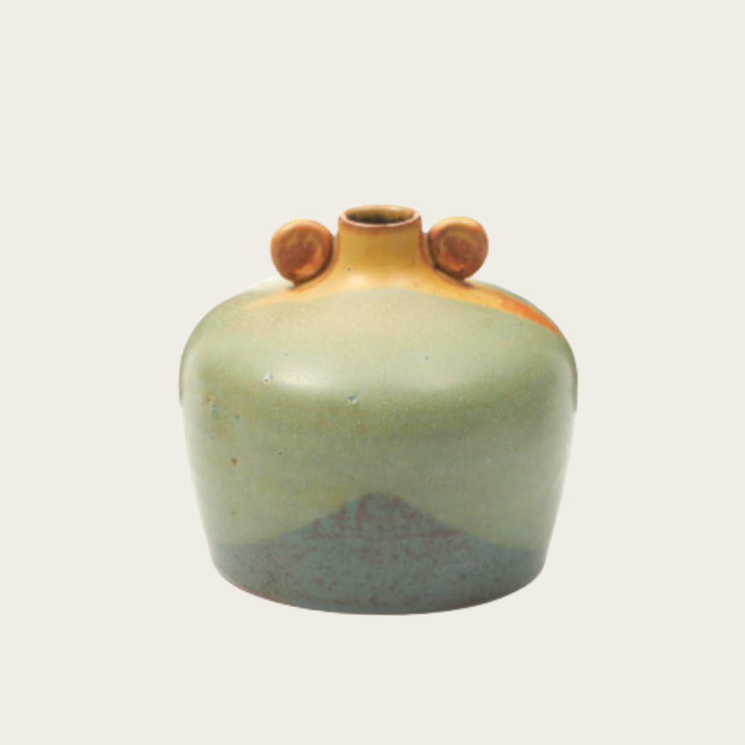 1950s Japanese Ceramic Vase With Yellow Green Glaze