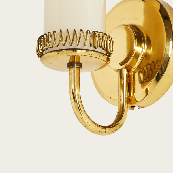 1940s Pair of Swedish Brass and Milk Glass Wall Sconces