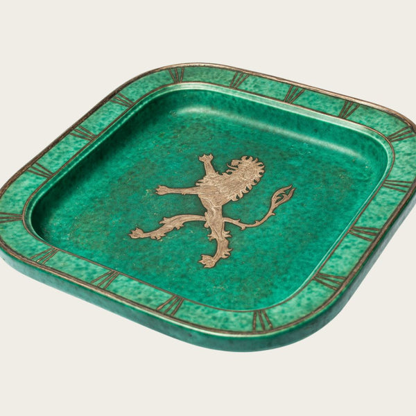 Footed Dish by Wilhelm Kåge with Silver Leaf Lion in Center