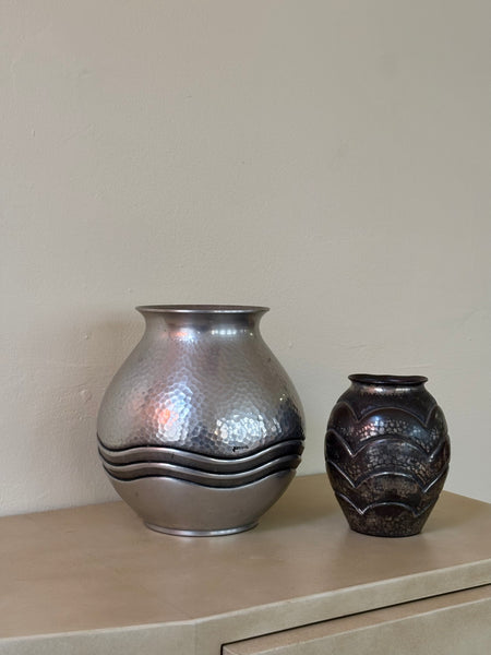 1940s Hammered Aluminum Vase by Rene Delevan with Patina