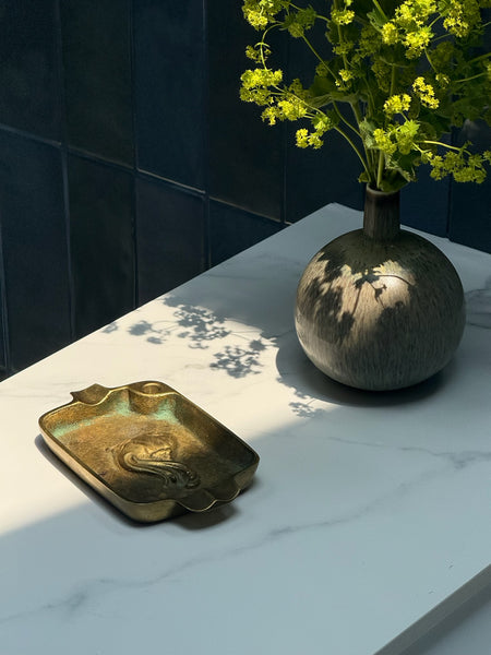 Brass Ashtray with Patinated Details and Fish Relief