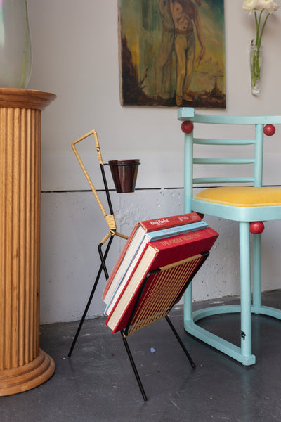 1950s Swedish Wrought Iron and Rattan Magazine Rack with Ceramic Ashtray